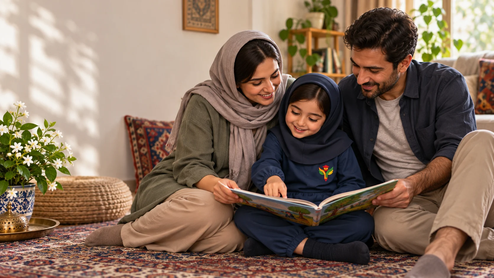 مطالعه کتاب داستان توسط دانشآموز یاس همراه پدر و مادر