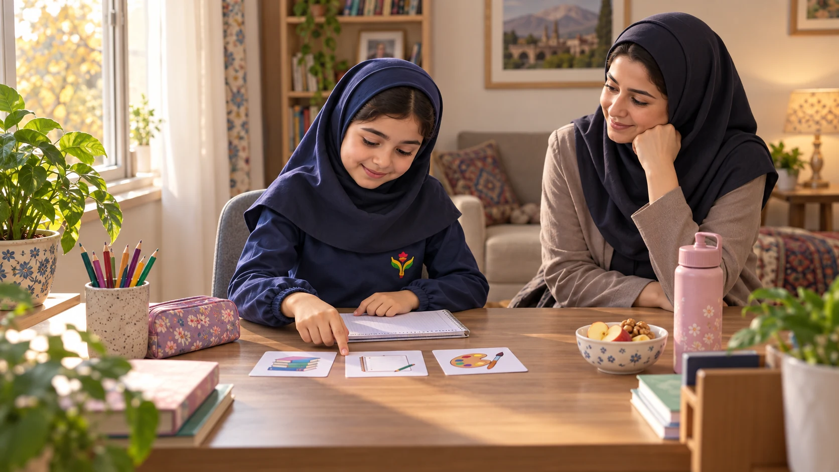 دانش‌آموز یاس در کنار مادر، ترتیب انجام تکالیف مدرسه را با آرامش انتخاب می‌کند