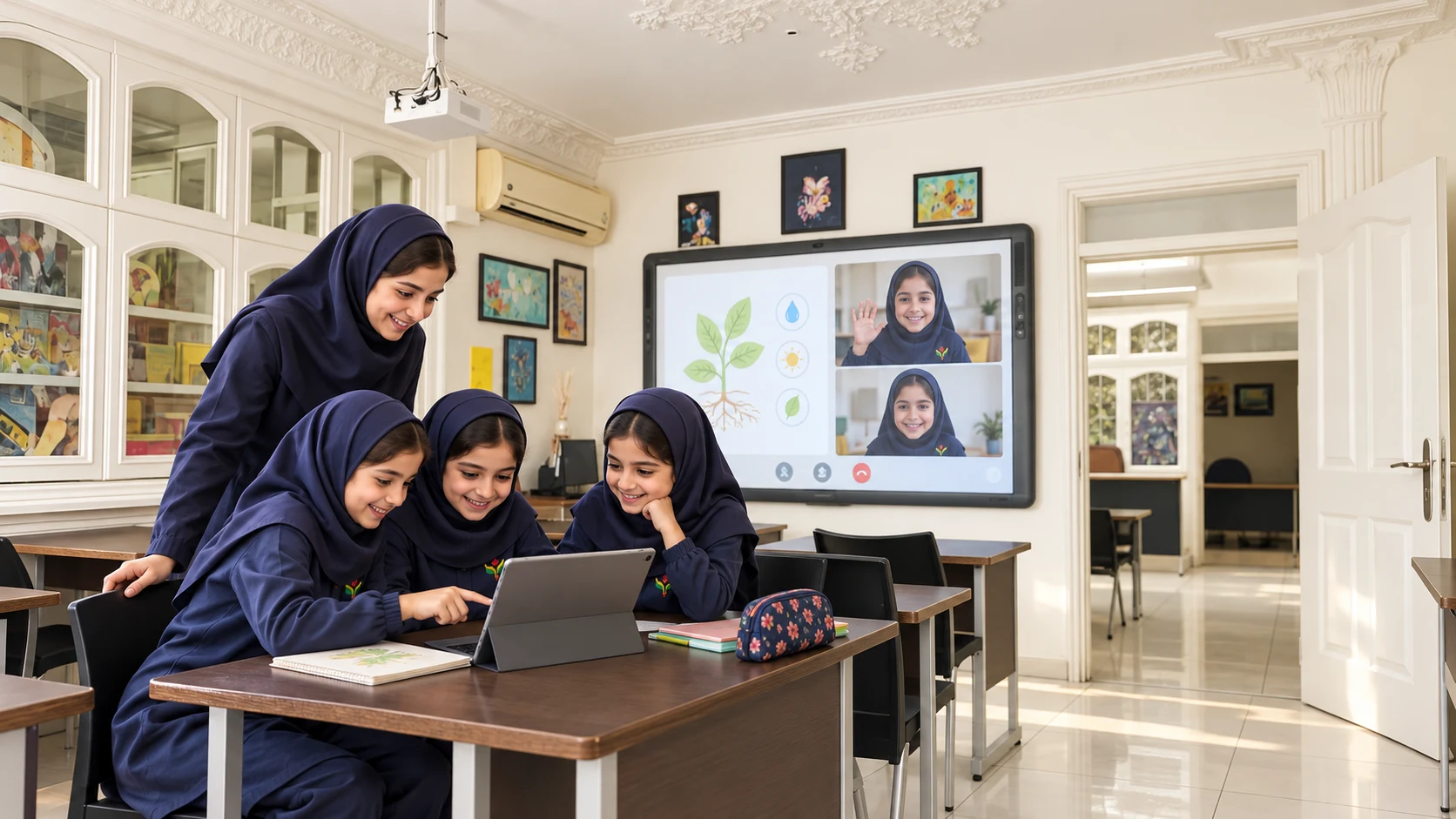 دانش‌آموزان و معلم یاس در کلاس واقعی مدرسه هنگام یادگیری ترکیبی حضوری و آنلاین